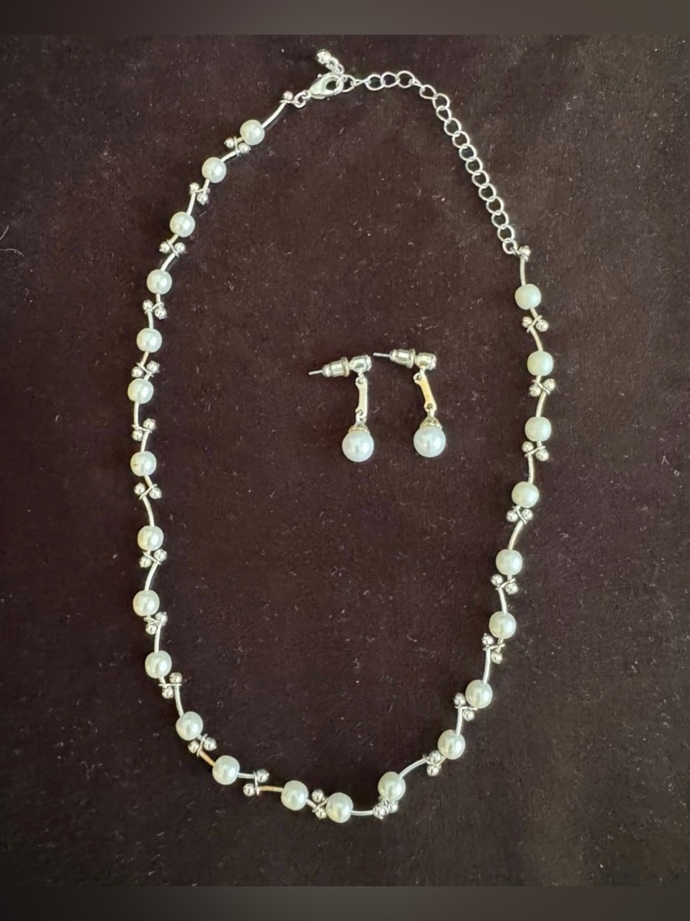 Silver Tone pearl Necklace with matching pearl Drop Earrings Set